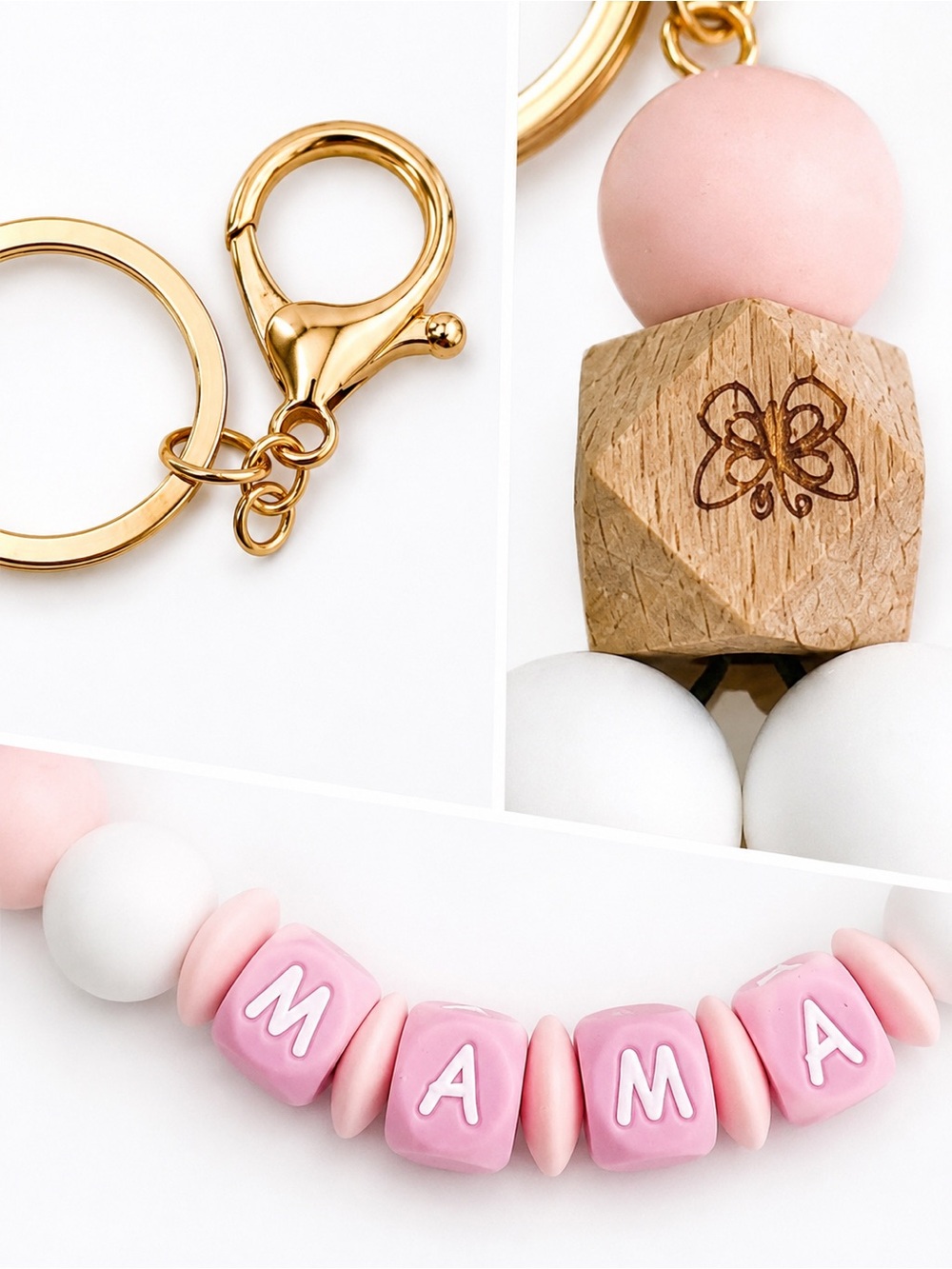 Beaded Keychain Wristlet - Pink & White with "MAMMA" - Picture 2 of 4